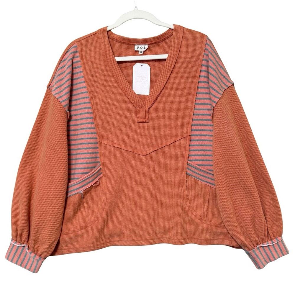 POL Waffle Knit Mixed Media Top Size S Orange Cotton Oversized Boxy Boho NWT
